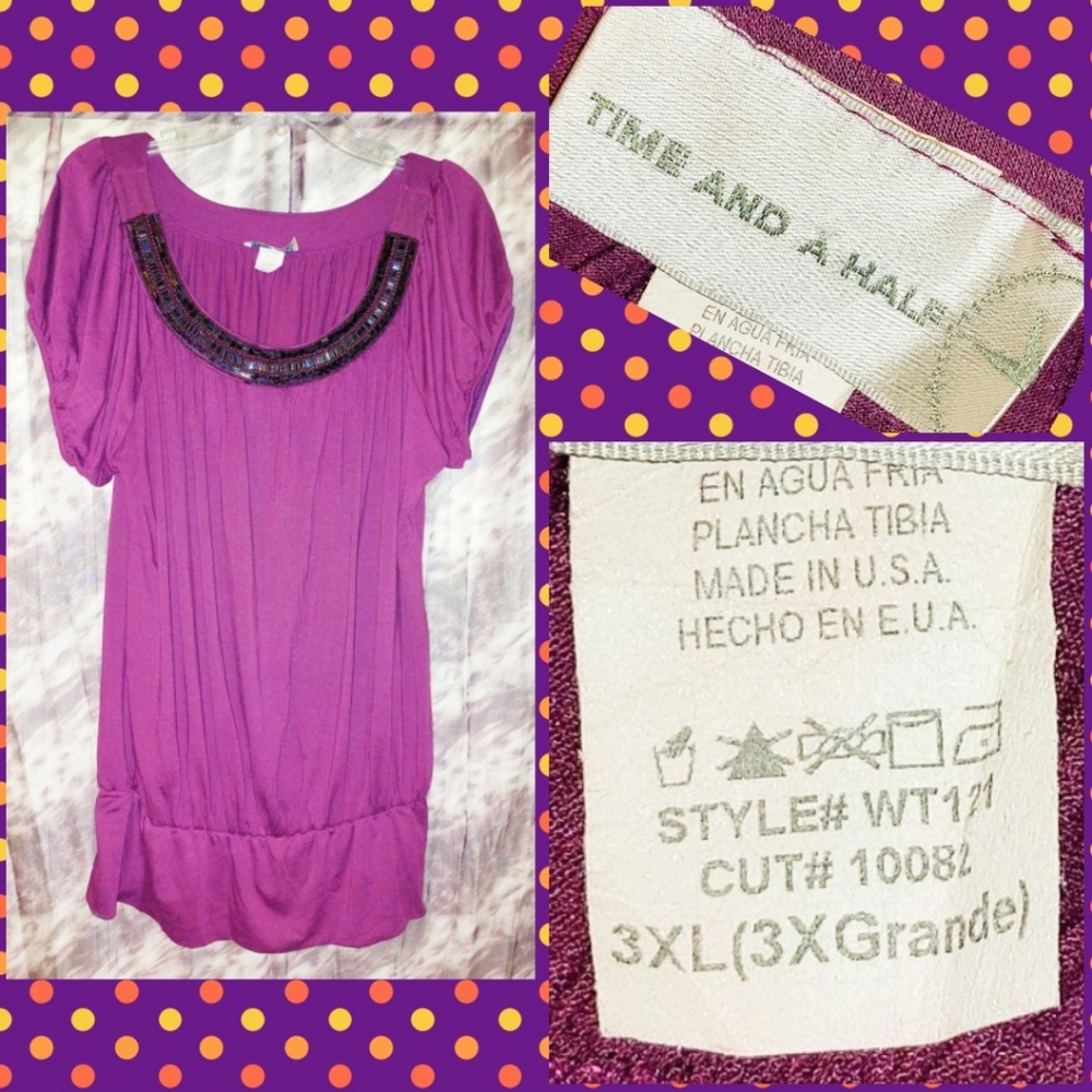 Time and A Half brand Purple Beaded Soft Knit Peplum Top Jrs Plus Sz 3XL